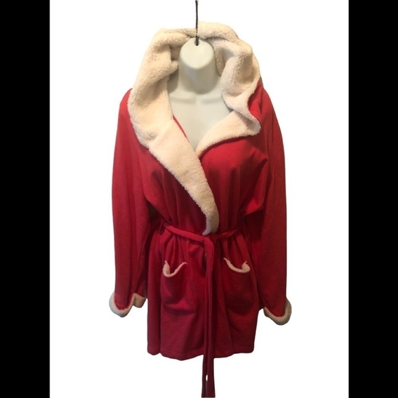 Victoria’s Secret VS Red Plush Sherpa Hooded Belted Bathrobe Large Luxurious - Picture 2 of 5